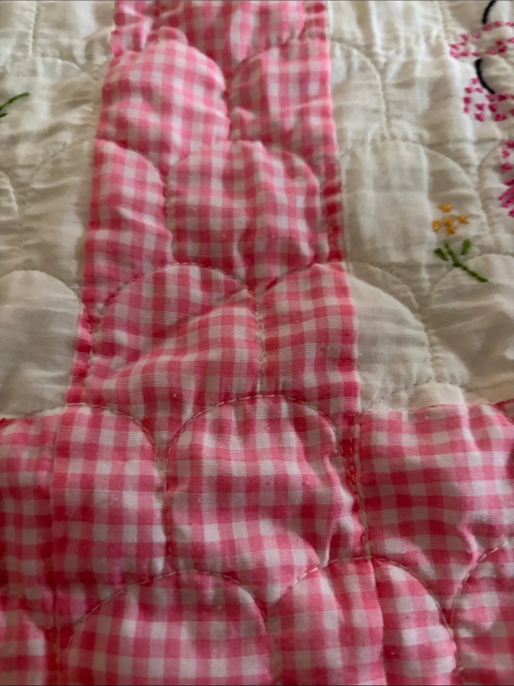 Pink and White Embroidered Baby Quilt - Cute Animal Patchwork handmade vintage
